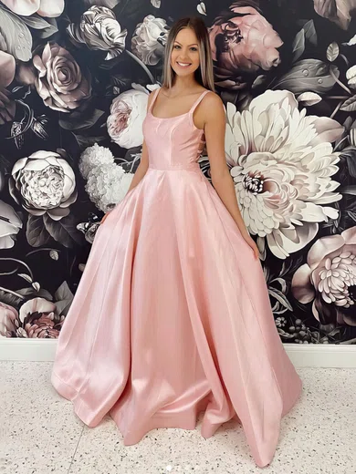 Satin Square Neckline A-line Sweep Train Prom Dresses #UKM020107085