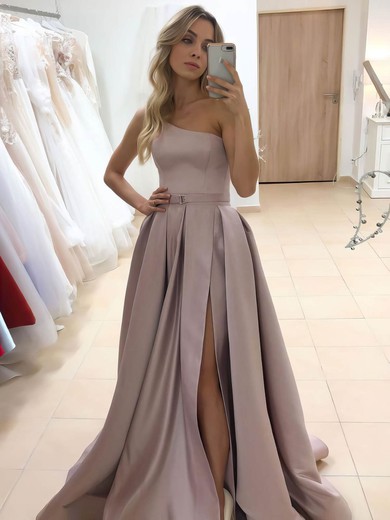 Satin One Shoulder A-line Sweep Train Sashes / Ribbons Prom Dresses #UKM020107089