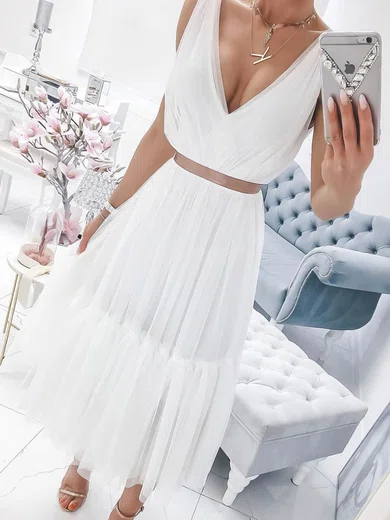 Chiffon V-neck A-line Tea-length Sashes / Ribbons Prom Dresses #UKM020107097