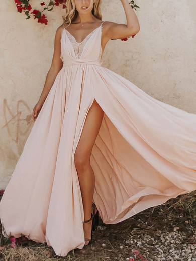 A-line Floor-length V-neck Lace Chiffon Split Front Prom Dresses #UKM020107116