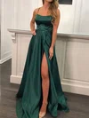 A-line Square Neck Satin Prom Dresses With Split #UKM020107127