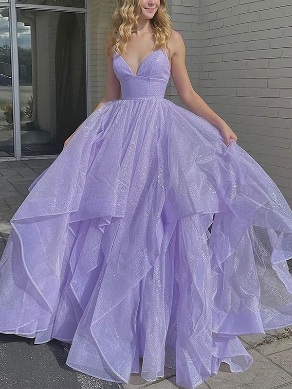 Ball Gown/Princess Sweep Train V-neck Glitter Cascading Ruffles Prom Dresses #UKM020107129
