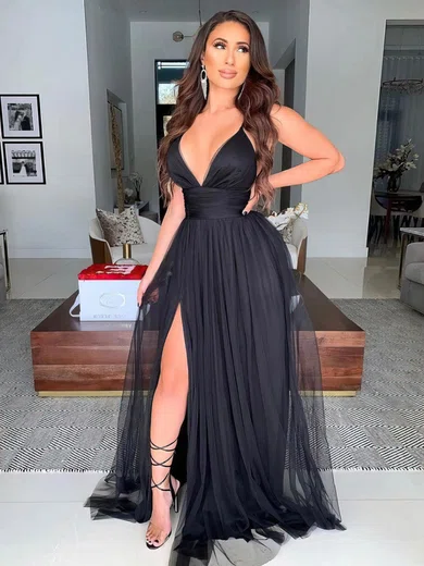 Black A-line V-neck Floor-length Tulle Prom Dresses With Split #UKM020107132