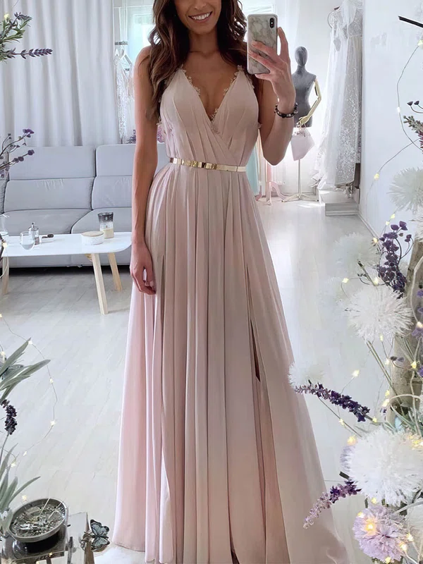 A-line Floor-length V-neck Chiffon Appliques Lace Prom Dresses #UKM020107138
