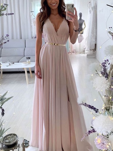 A-line Floor-length V-neck Chiffon Appliques Lace Prom Dresses #UKM020107138