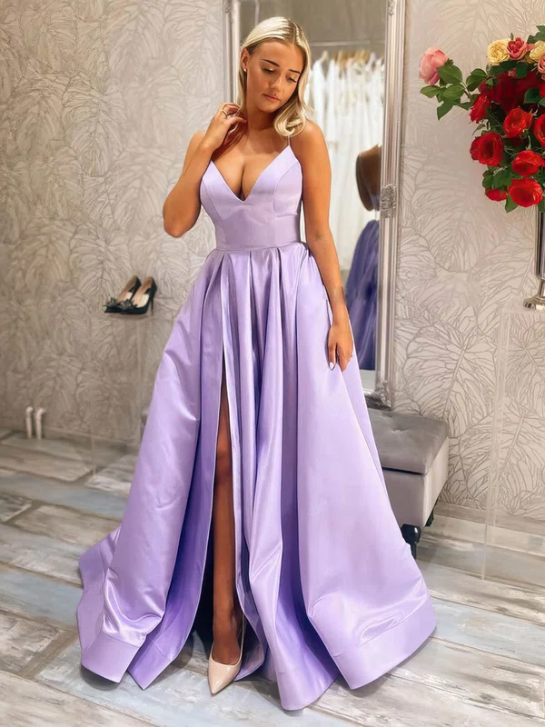 Ball Gown/Princess Floor-length V-neck Satin Split Front Prom Dresses #UKM020107139