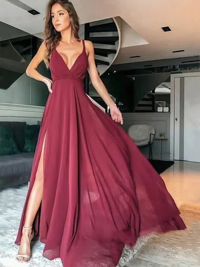 A-line Floor-length V-neck Chiffon Split Front Prom Dresses #UKM020107140