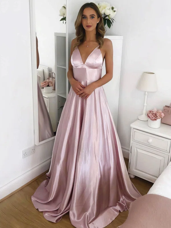 Ball Gown/Princess Sweep Train V-neck Silk-like Satin Elegant Prom Dresses #UKM020107145