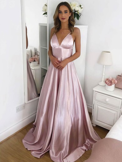 Ball Gown/Princess Sweep Train V-neck Silk-like Satin Elegant Prom Dresses #UKM020107145