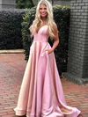 Ball Gown/Princess Sweep Train V-neck Satin Pockets Prom Dresses #UKM020107150