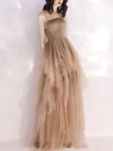 Tulle Square Neckline A-line Floor-length Tiered Prom Dresses #UKM020107151
