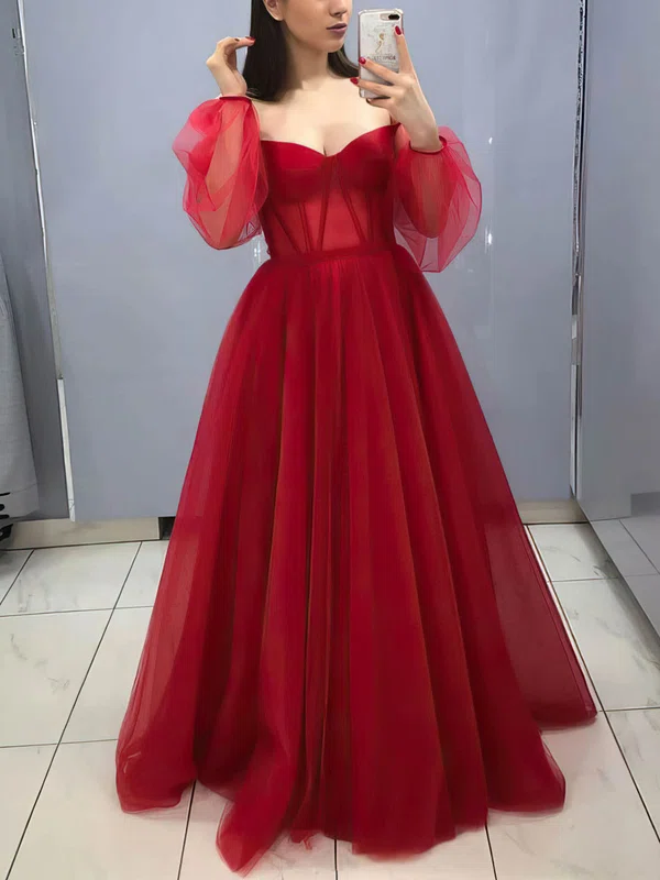 Tulle Off-the-shoulder Ball Gown Floor-length Sashes / Ribbons Prom Dresses #UKM020107156