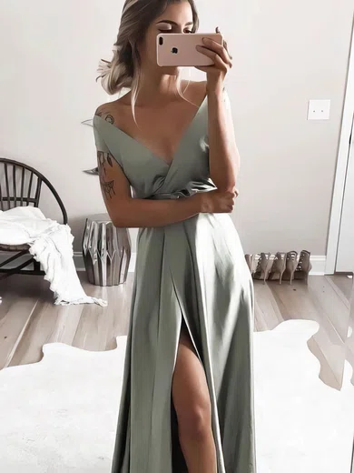 A-line Floor-length V-neck Silk-like Satin Split Front Prom Dresses #UKM020107158