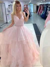 Ball Gown V-neck Tulle Sweep Train Tiered Prom Dresses #UKM020107159