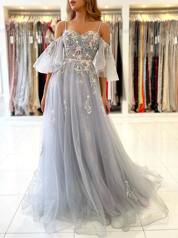 Ball Gown/Princess Sweep Train Off-the-shoulder Tulle Sashes / Ribbons Prom Dresses #UKM020107169