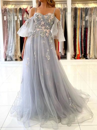 Ball Gown/Princess Sweep Train Off-the-shoulder Tulle Sashes / Ribbons Prom Dresses #UKM020107169