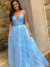 Satin Tulle V-neck Ball Gown Sweep Train Beading Prom Dresses #UKM020107172