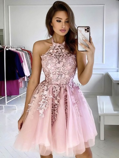 A-line Halter Tulle Short/Mini Appliques Lace Short Prom Dresses #UKM020107179