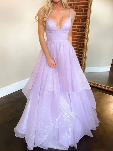 Ball Gown V-neck Tulle Floor-length Ruffle Tiered Prom Dresses #UKM020107182