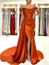 Sheath/Column Sweep Train Off-the-shoulder Silk-like Satin Ruffles Prom Dresses #UKM020107194