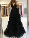 Ball Gown/Princess Sweep Train V-neck Tulle Sashes / Ribbons Prom Dresses #UKM020107195