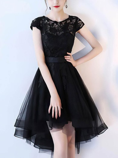 Tulle Scoop Neck A-line Asymmetrical Appliques Lace Prom Dresses #UKM020107197