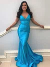 Jersey V-neck Trumpet/Mermaid Sweep Train Ruffles Prom Dresses #UKM020107217