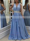 Silk-like Satin V-neck A-line Sweep Train Beading Prom Dresses #UKM020107227