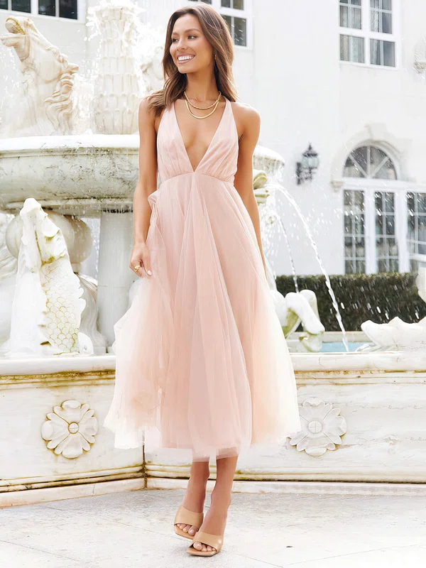 Ball Gown/Princess Tea-length V-neck Tulle Prom Dresses #UKM020107230