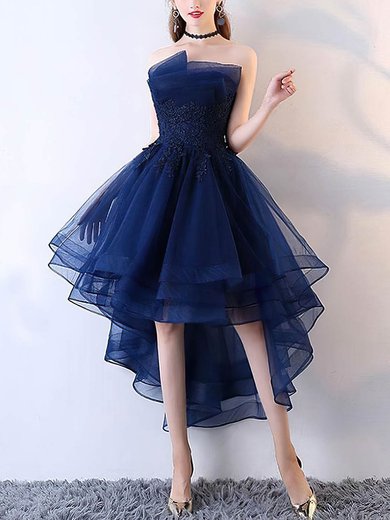 Organza Strapless A-line Asymmetrical Appliques Lace Prom Dresses #UKM020107235