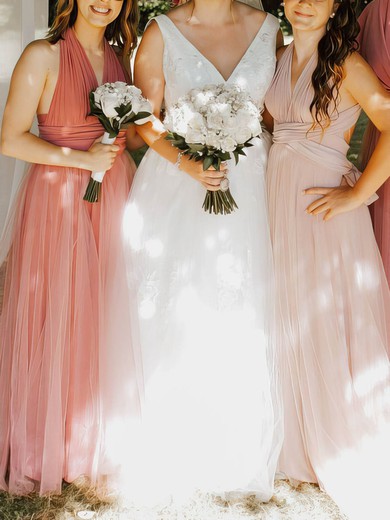 Tulle Halter A-line Floor-length Ruffles Bridesmaid Dresses #UKM01013826