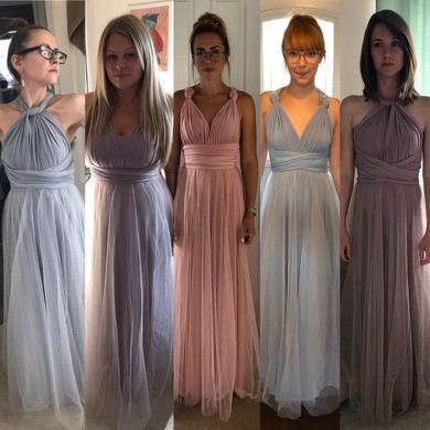 Tulle V-neck A-line Floor-length Ruffles Bridesmaid Dresses #UKM01013827