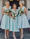 Silk-like Satin V-neck A-line Tea-length Bridesmaid Dresses #UKM01013845