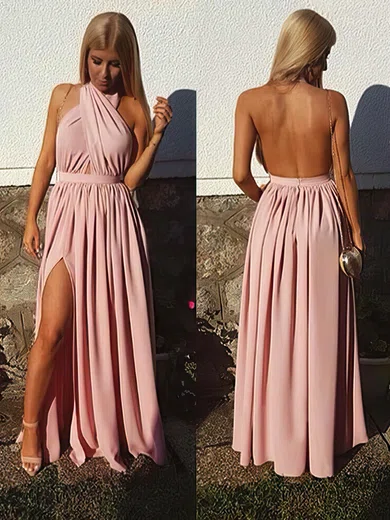 Silk-like Satin Halter A-line Floor-length Split Front Bridesmaid Dresses #UKM01013855