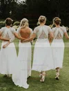 Silk-like Satin Scoop Neck A-line Asymmetrical Appliques Lace Bridesmaid Dresses #UKM01013859