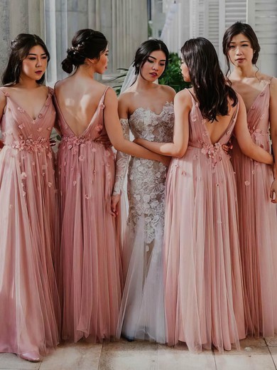 Tulle V-neck A-line Floor-length Flower(s) Bridesmaid Dresses #UKM01013862