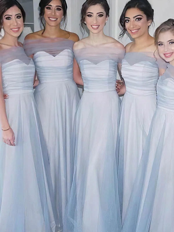 Tulle Strapless A-line Sweep Train Bridesmaid Dresses #UKM01013866