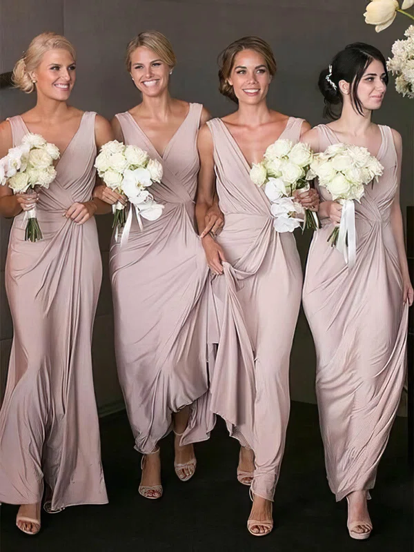 Silk-like Satin V-neck A-line Floor-length Ruffles Bridesmaid Dresses #UKM01013867
