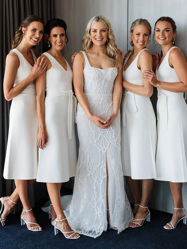 Stretch Crepe V-neck A-line Tea-length Bridesmaid Dresses #UKM01013878