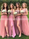 Tulle Glitter V-neck A-line Sweep Train Split Front Bridesmaid Dresses #UKM01013896