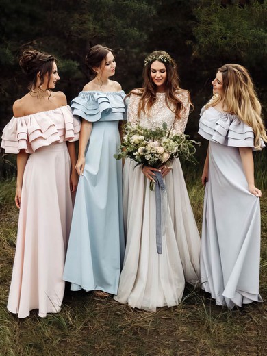 Silk-like Satin Off-the-shoulder A-line Floor-length Tiered Bridesmaid Dresses #UKM01013922