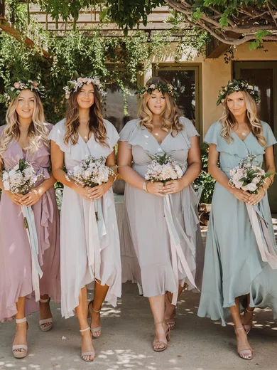 Chiffon V-neck A-line Asymmetrical Sashes / Ribbons Bridesmaid Dresses #UKM01013924
