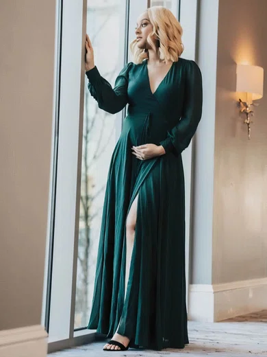 A-line V-neck Chiffon Floor-length Split Front Mother of the Bride Dresses #UKM01021734