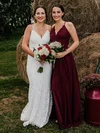Lace V-neck Sheath/Column Sweep Train Wedding Dresses #UKM00023965