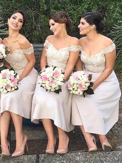Silk-like Satin Off-the-shoulder A-line Tea-length Appliques Lace Bridesmaid Dresses #UKM01014118