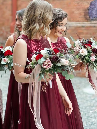 Tulle Sequined Scoop Neck A-line Floor-length Bridesmaid Dresses #UKM01014121