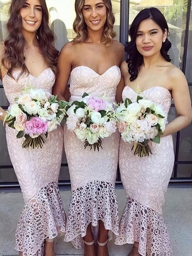 Lace Sweetheart Trumpet/Mermaid Asymmetrical Bridesmaid Dresses #UKM01014125