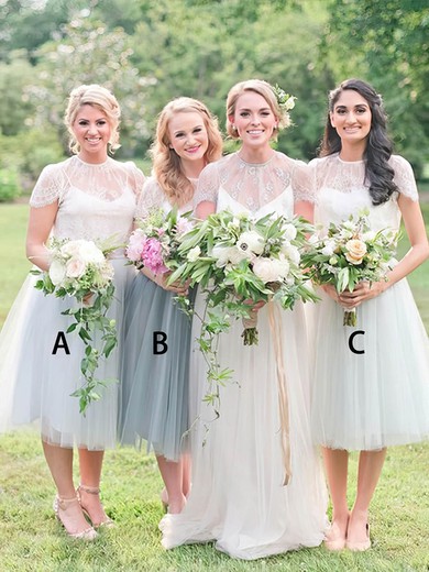 Tulle Scoop Neck A-line Tea-length Appliques Lace Bridesmaid Dresses #UKM01014139