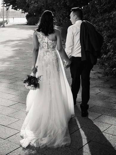 Tulle One Shoulder A-line Sweep Train Beading Wedding Dresses #UKM00023876