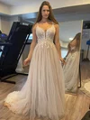 Ball Gown V-neck Tulle Sweep Train Wedding Dresses With Appliques Lace #UKM00023894